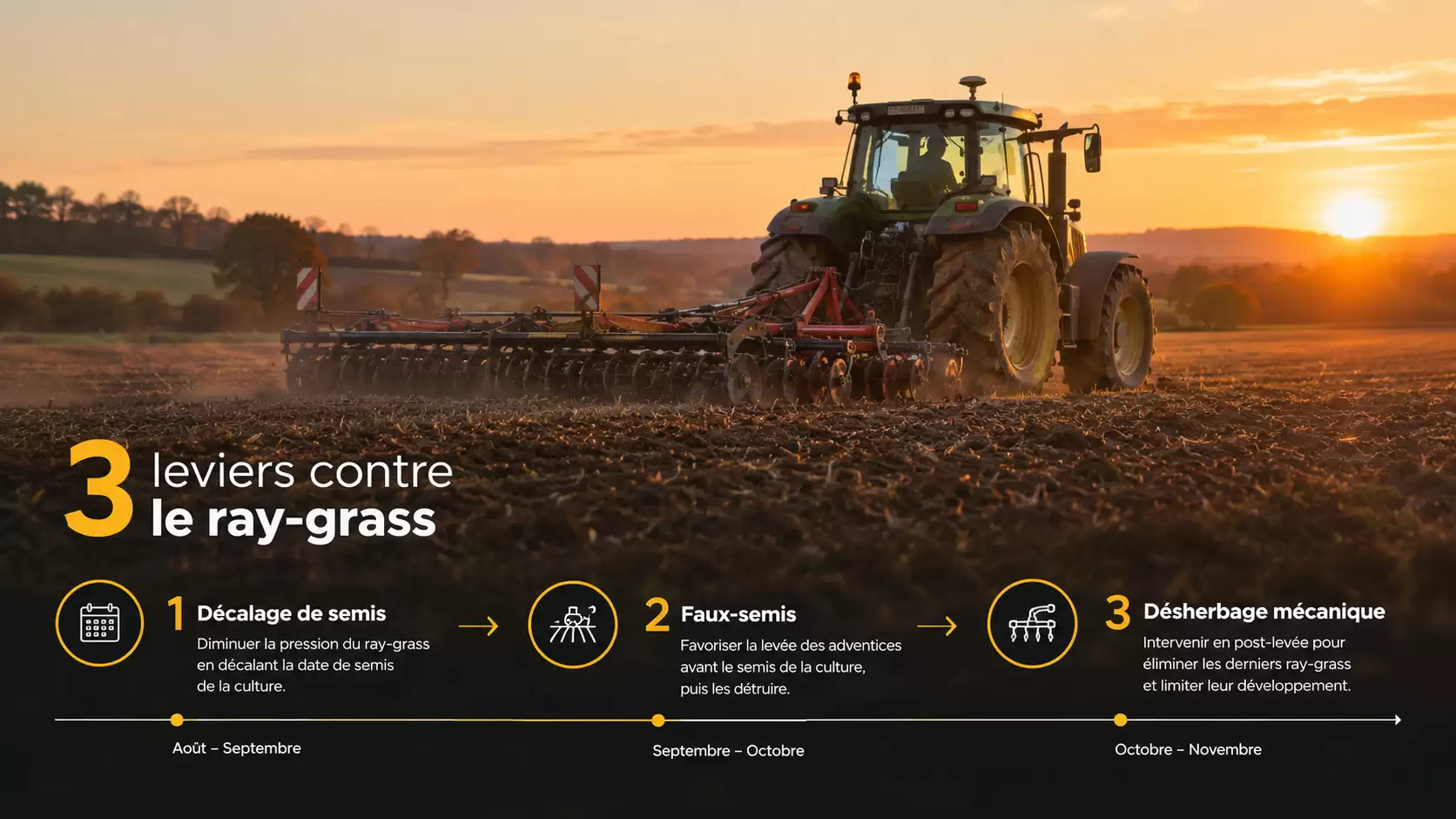 Parcelle de céréales d'hiver au petit matin avec un tracteur équipé d'un guidage GPS réalisant un faux-semis pour maîtriser le ray-grass et le vulpin